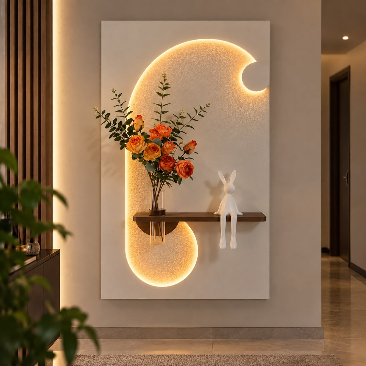 Modern LED Işıklı Duvar Dekoru & Ahşap Raflı Dokulu Pano – 50x90 cm