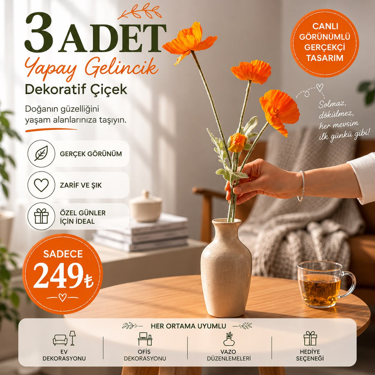 Gerçekçi Yapay Gelincik Çiçeği Seti – 3 Adet Turuncu Dekoratif Yapay Çiçek